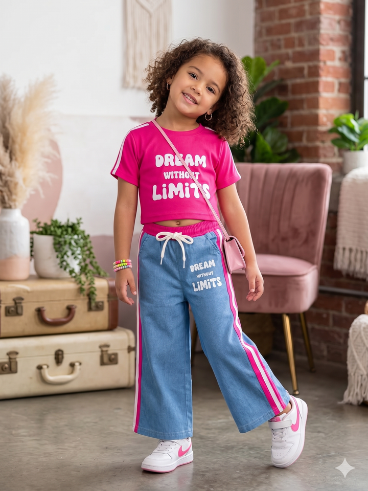 Girl's Causal Hot Pink Co-Ord Set With Soft Denim Bottom[GCS-5053](3-12 Years)