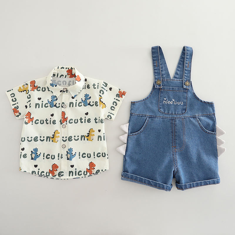 Boys Green Typographic Printed Short Sleeves Shirt With Dungaree [BT-223] (1 - 6 Years)