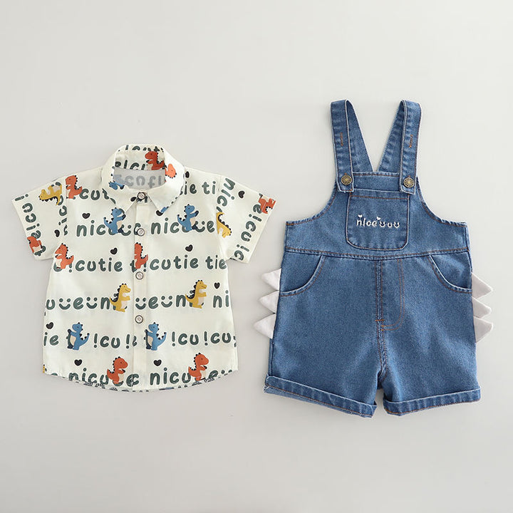 Boys Green Typographic Printed Short Sleeves Shirt With Dungaree [BT-223] (1 - 6 Years)