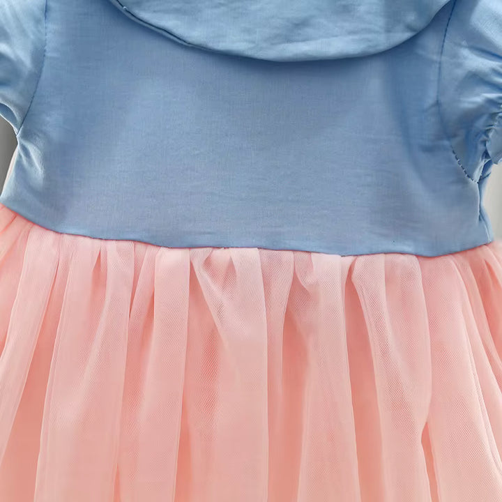 Girls’ Cotton Denim & Floral Mesh Layered Frock [GF-6359] (9 Months - 4 Years)