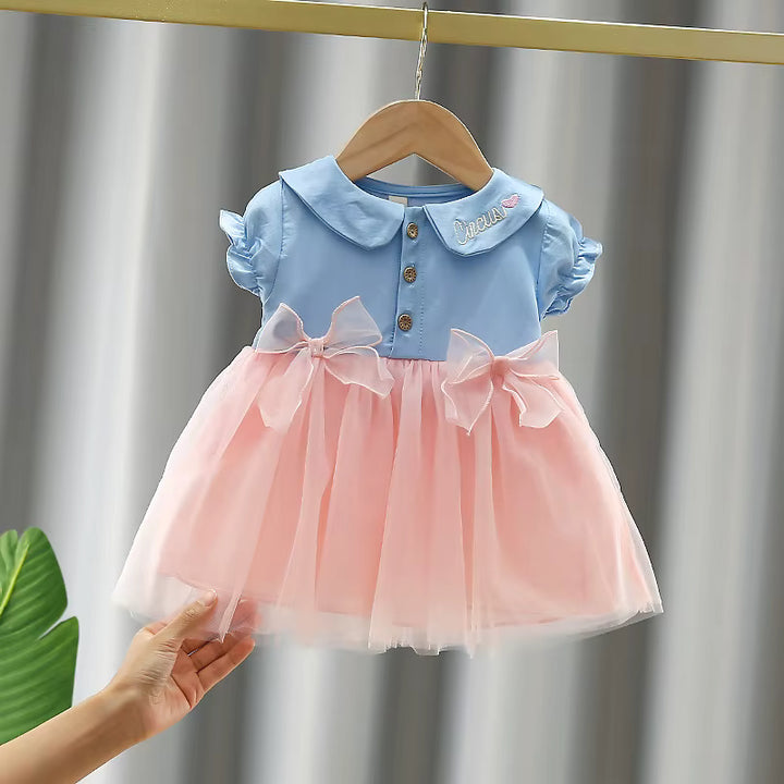 Girls’ Cotton Denim & Floral Mesh Layered Frock [GF-6359] (9 Months - 4 Years)
