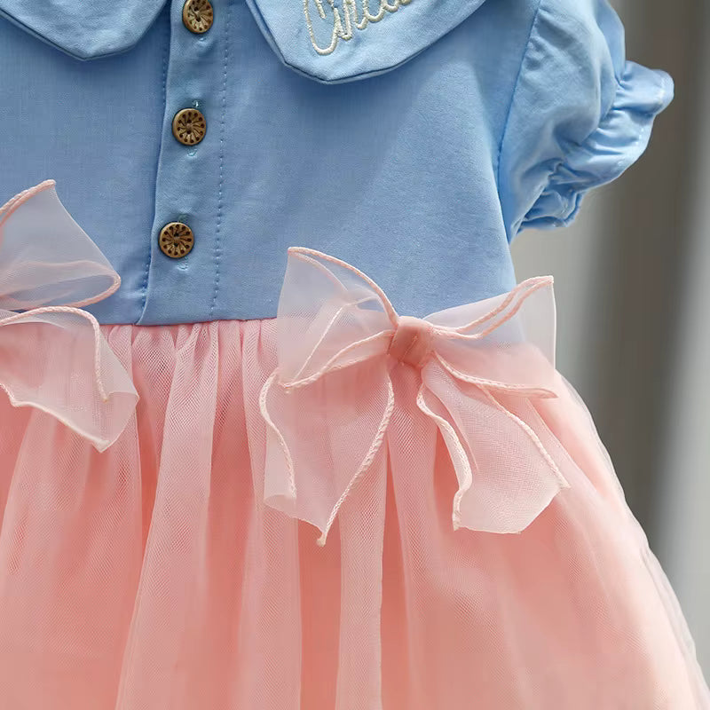Girls’ Cotton Denim & Floral Mesh Layered Frock [GF-6359] (9 Months - 4 Years)