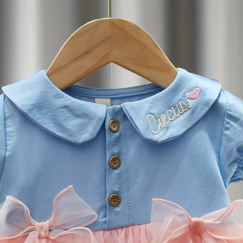 Girls’ Cotton Denim & Floral Mesh Layered Frock [GF-6359] (9 Months - 4 Years)