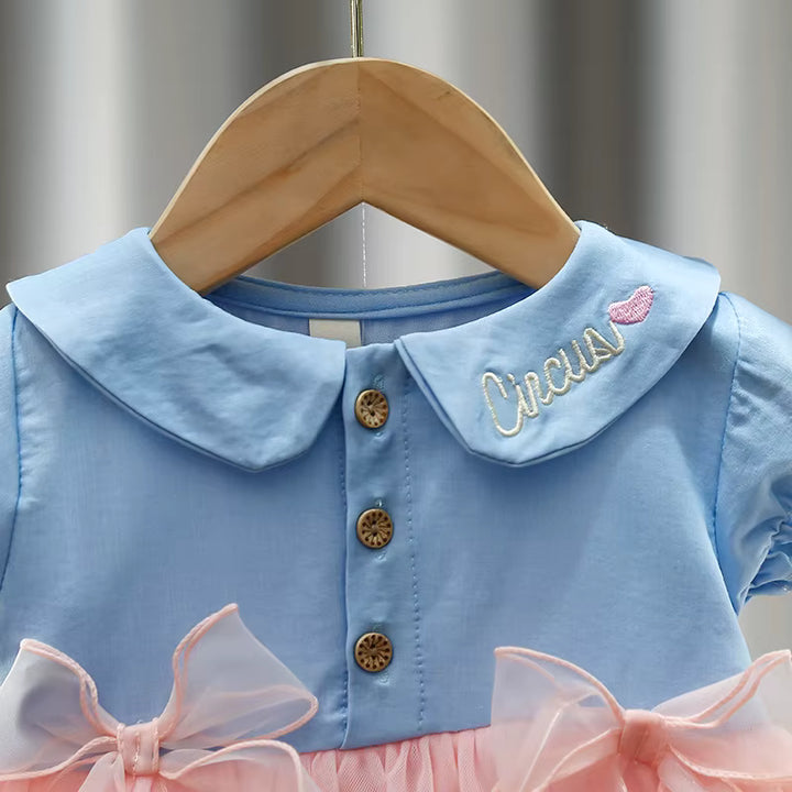 Girls’ Cotton Denim & Floral Mesh Layered Frock [GF-6359] (9 Months - 4 Years)