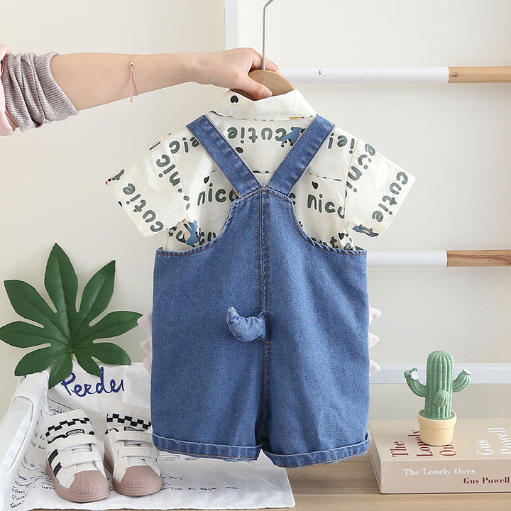 Boys Green Typographic Printed Short Sleeves Shirt With Dungaree [BT-223] (1 - 6 Years)