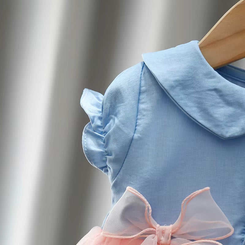 Girls’ Cotton Denim & Floral Mesh Layered Frock [GF-6359] (9 Months - 4 Years)