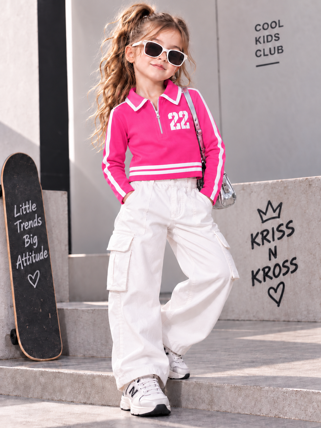 Girls Hot Pink Varsity Zip Polo T-Shirt [ONLY T-SHIRT] [GT-R-5711] [4-12 year]