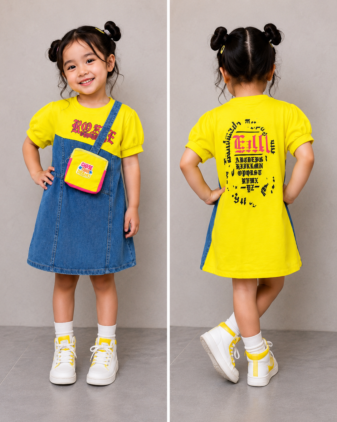 Girls Yellow Denim Dress With Back Print [GD-7770] (3-11 Years)