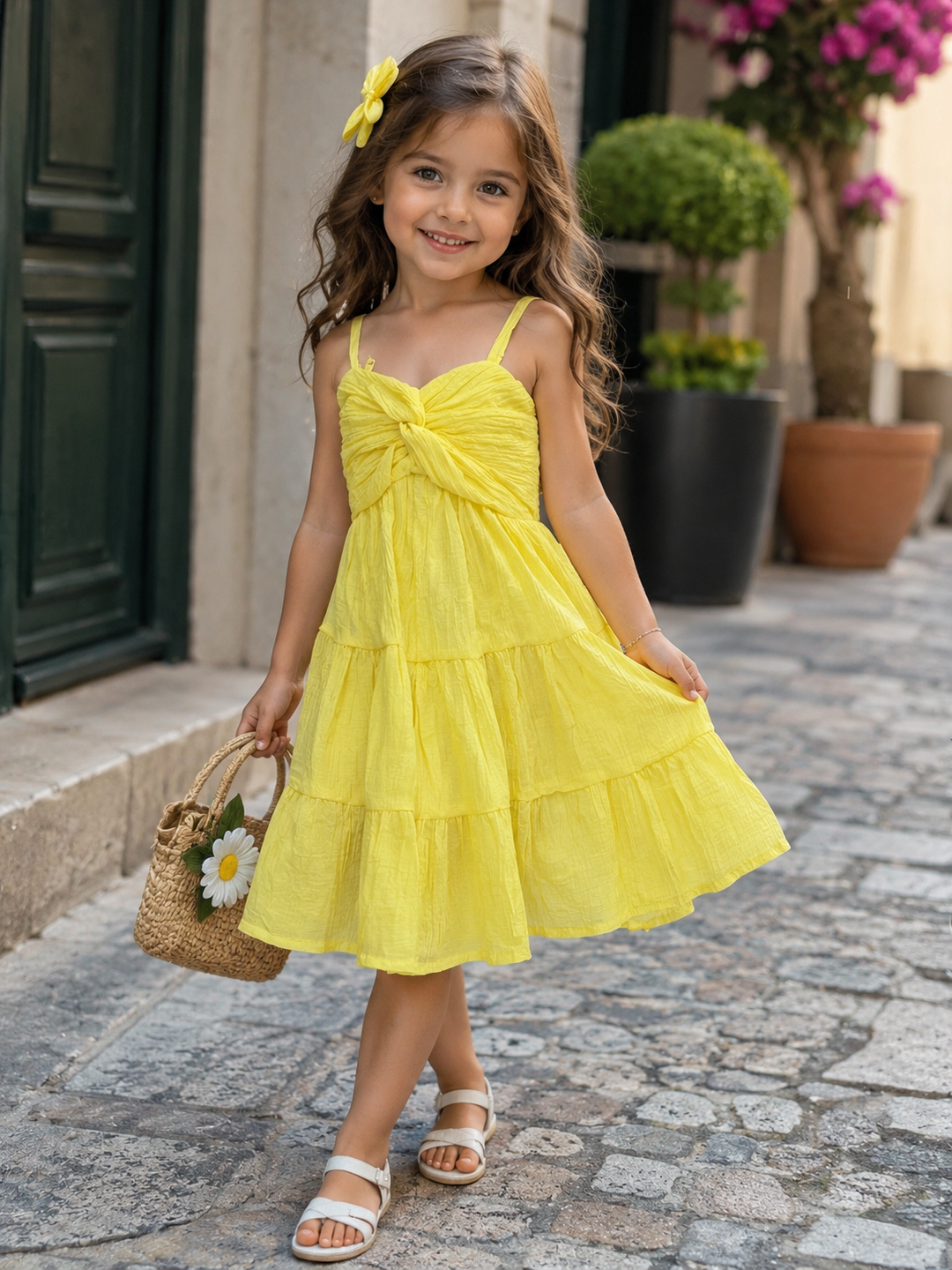 Girl's Summer Yellow Spaghetti Onepice [GD-7811] (4-12Years)