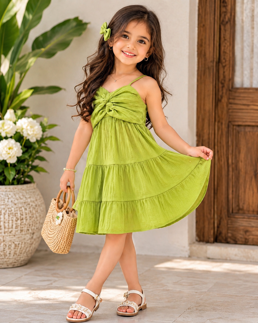 Girl's Summer Green Spaghetti Onepice [GD-7544] (4-12Years)