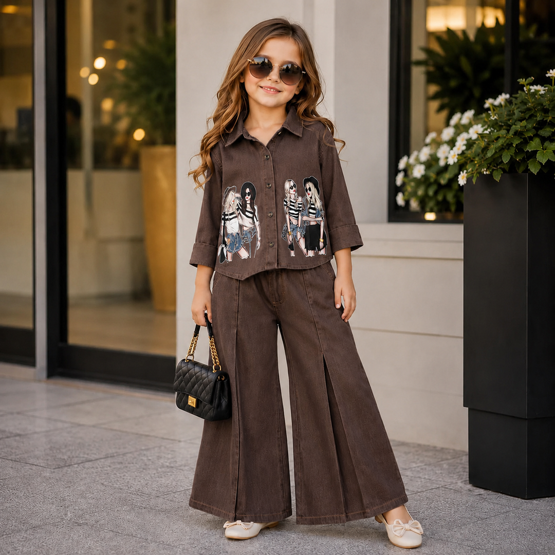 Girl's Brown face Print Co-Ord Set [GCS-6J-9811] (4-12 Years)
