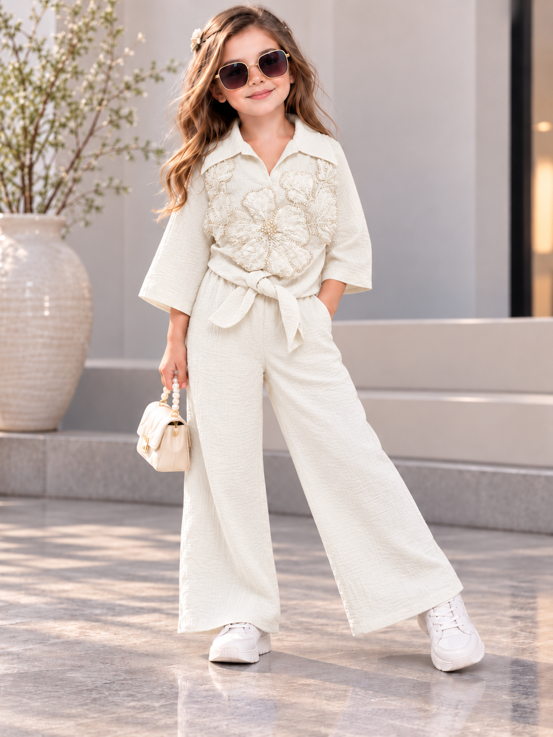 Girls Embroidered Off-Waite 2 Piece Co-Ord Set with Inner [GCS-2B-5875] (4-12 Years)