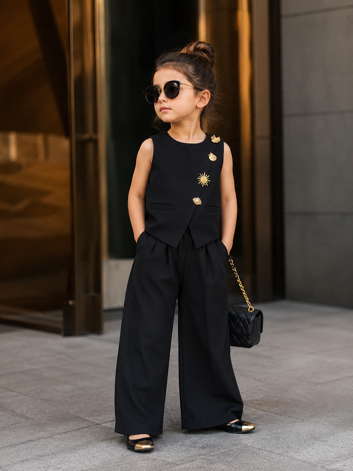Girls Imported Black Waist Coat Co-Ord Set [GCS-1420] (4-12Years)