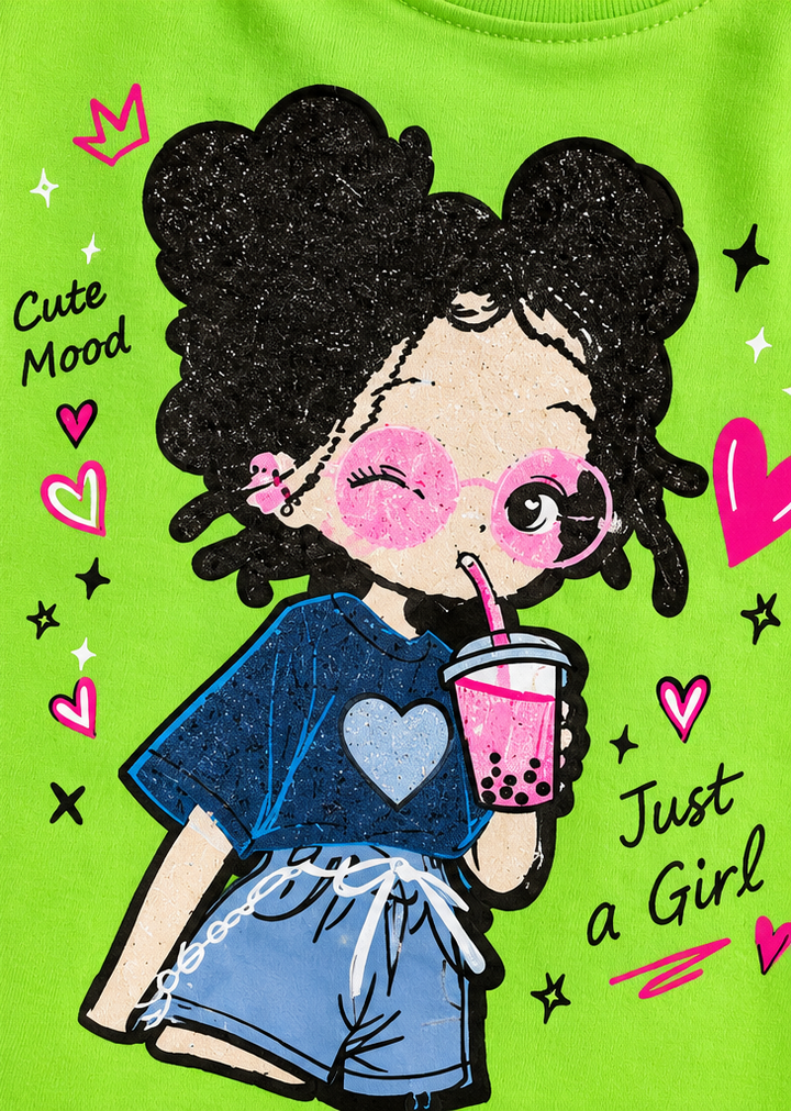 Girls Green Cartoon Patch T-Shirt [GT-3B-3408] [6-15 year]