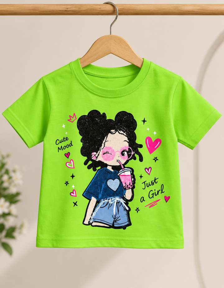 Girls Green Cartoon Patch T-Shirt [GT-3B-3408] [6-15 year]