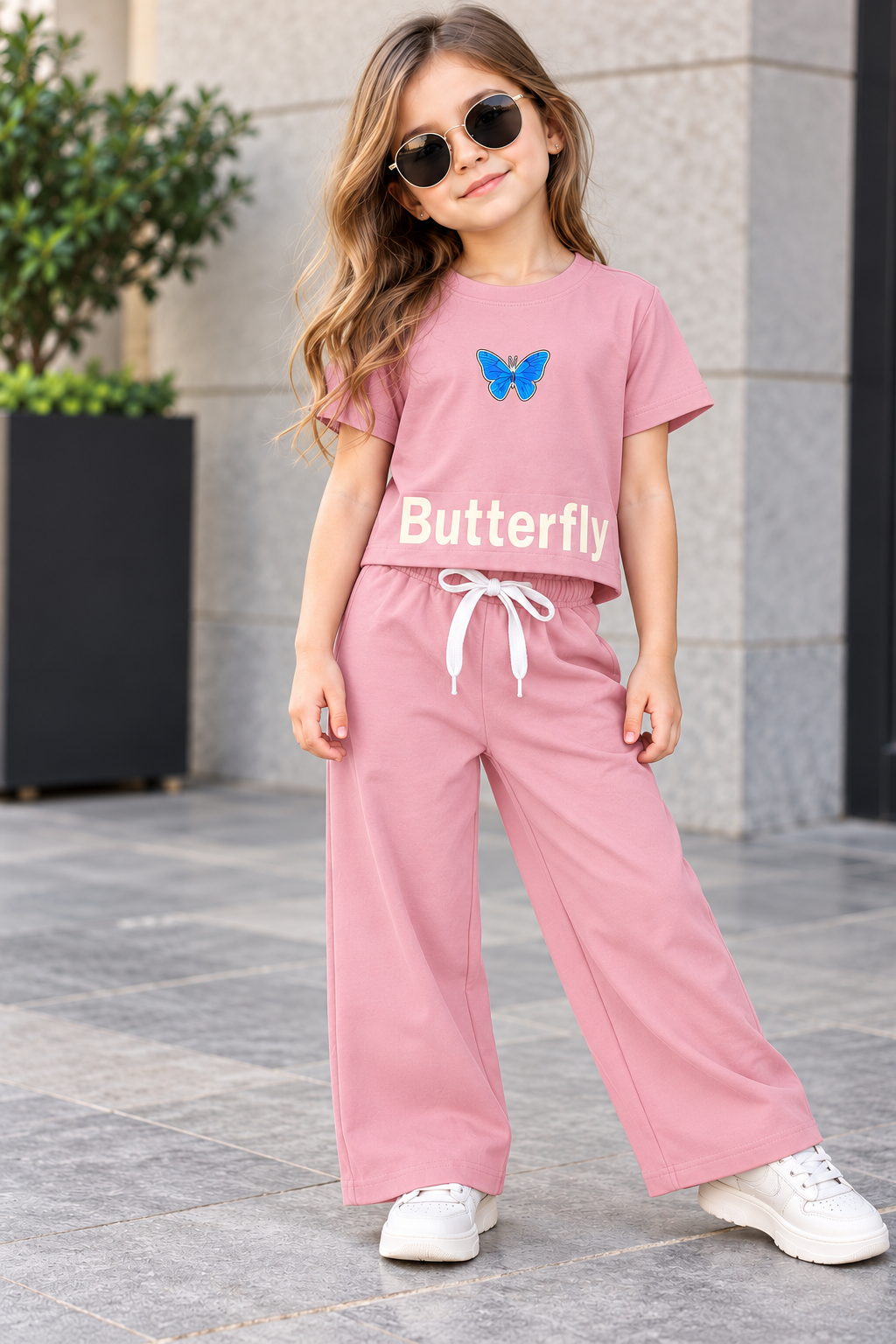 Girls Pink Butterfly Print Co-Ord Set [GCS-4F-5620] (4-12 Years)