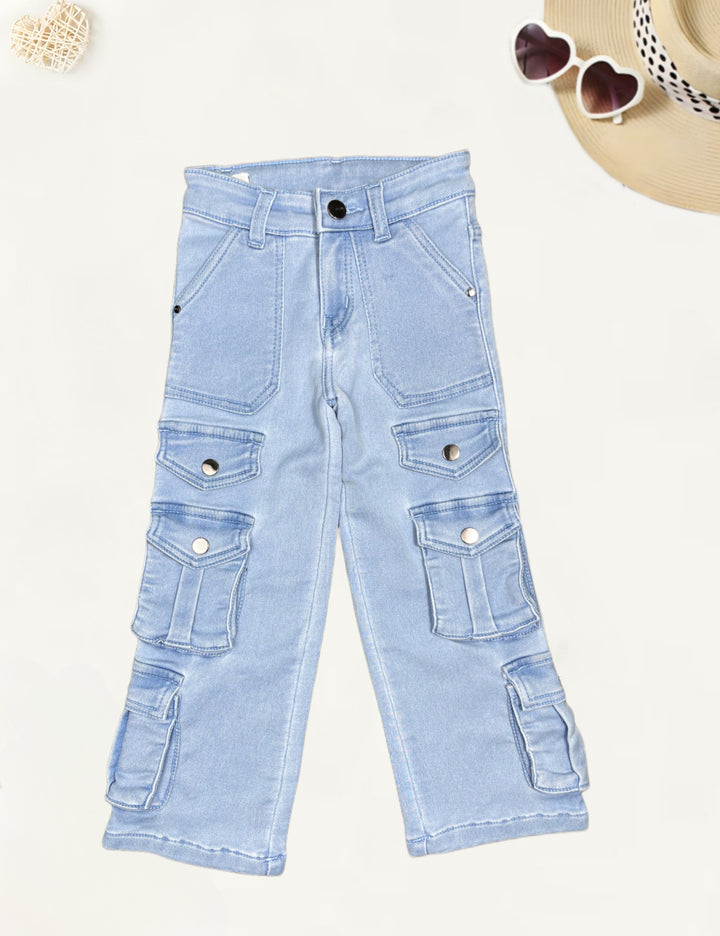 Girls Blue 8 Pocket Straight Fit Cargo Jeans [GJ-949] (4-12Years)