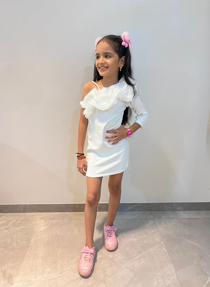 Girls White One Side Shoulder Dress [GD-9985] (1-6Years)