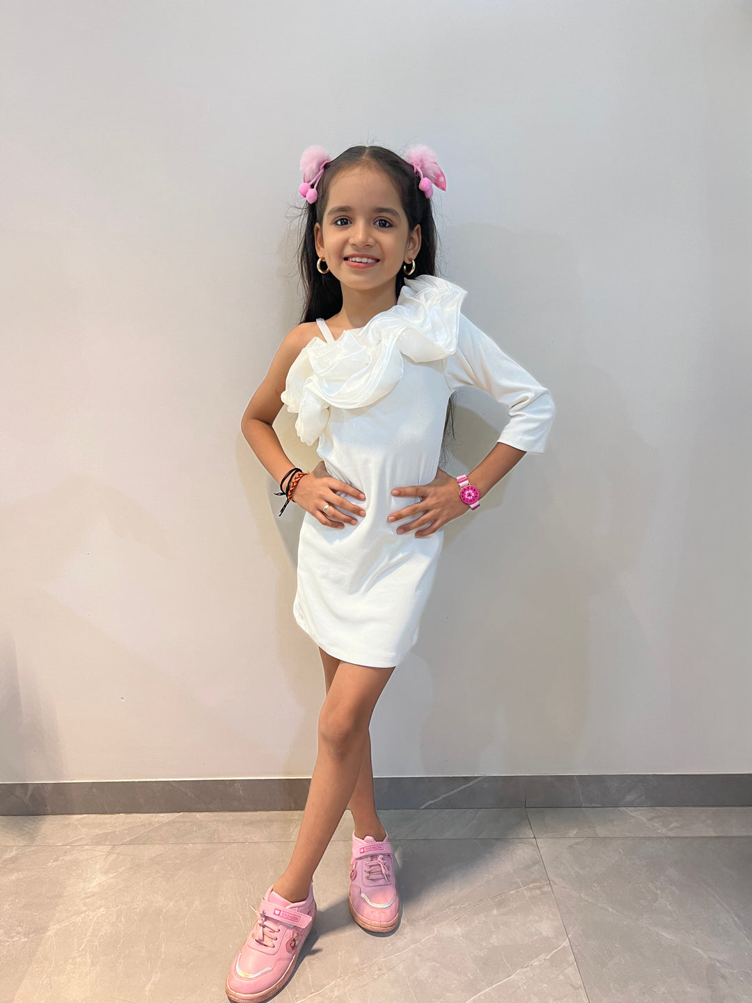 Girls White One Side Shoulder Dress [GD-9985] (1-6Years)