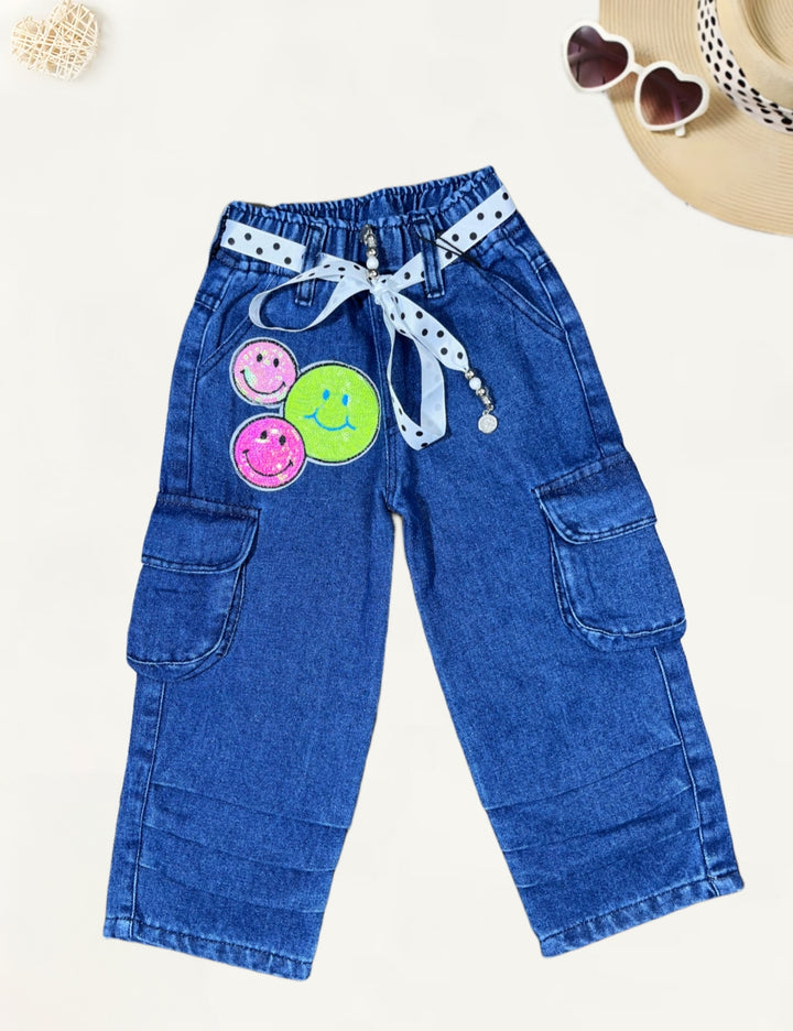 Girls Dark Blue Straight Fit Cargo Jeans [GJ-933] (1-12Years)