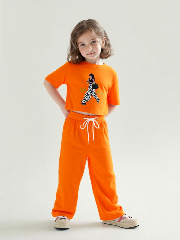 Girl's Orange Pearl Causal Co-Ord  Set [GCS-9657](1-12 Years)