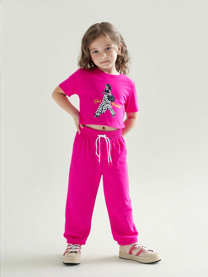 Girl's Hot Pink Pearl Causal Co-Ord  Set [GCS-9660](4-12 Years)