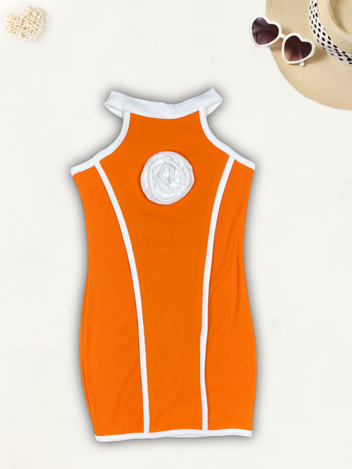 Girls Orange Bodycon Flower One-piece [GD-8066] (2-11 Years)