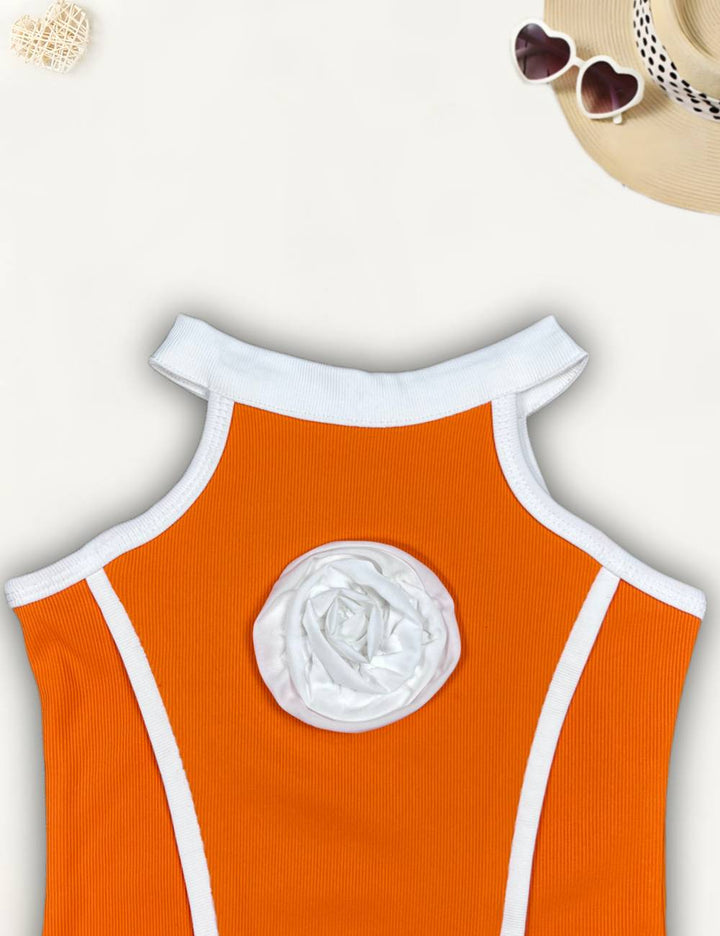 Girls Orange Bodycon Flower One-piece [GD-8066] (2-11 Years)