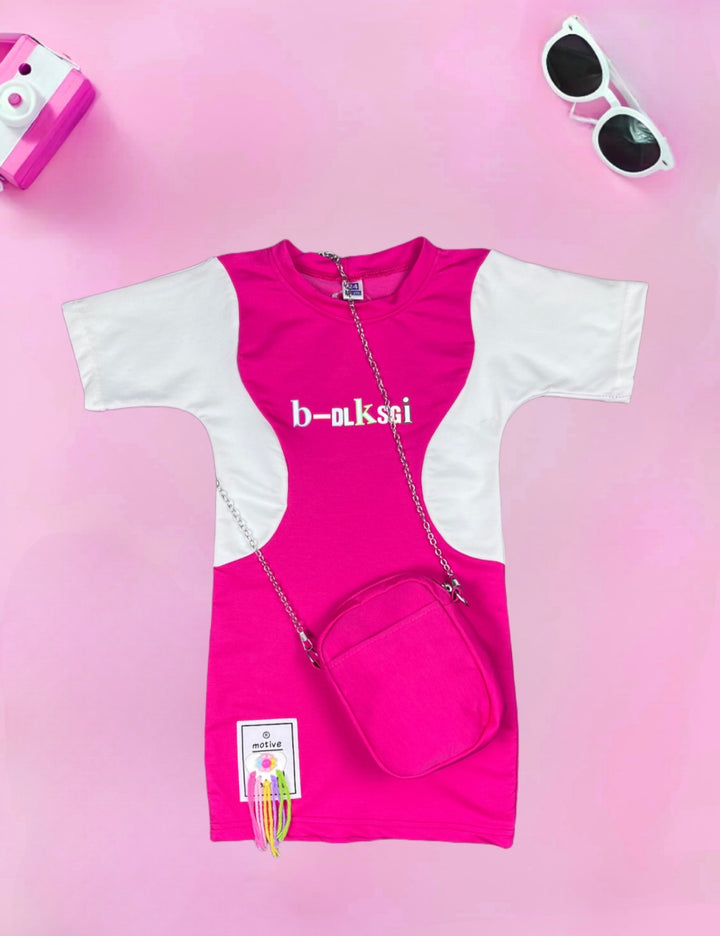 Girls Hot Pink Bodycon Dress With Purse [GD-8553] (4-12 Years)