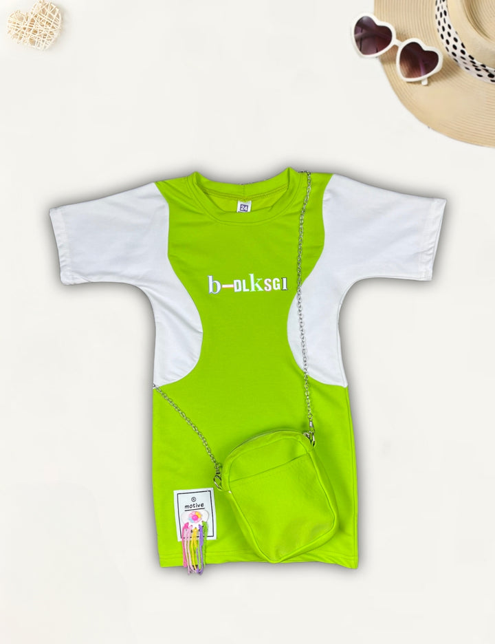 Girls Neon Green Bodycon Dress With Purse [GD-8552] (4-12 Years)