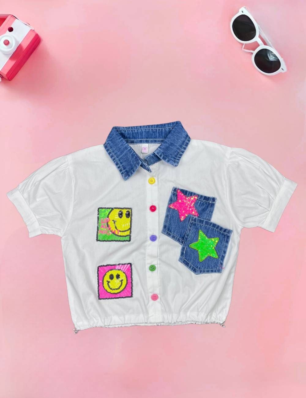 Girls White Smiley Cotton Shirt [GT-566] [4-12Years]