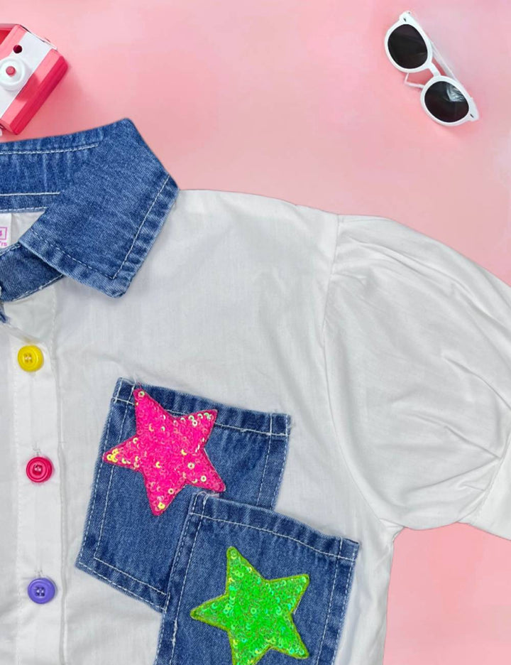 Girls White Smiley Cotton Shirt [GT-566] [4-12Years]