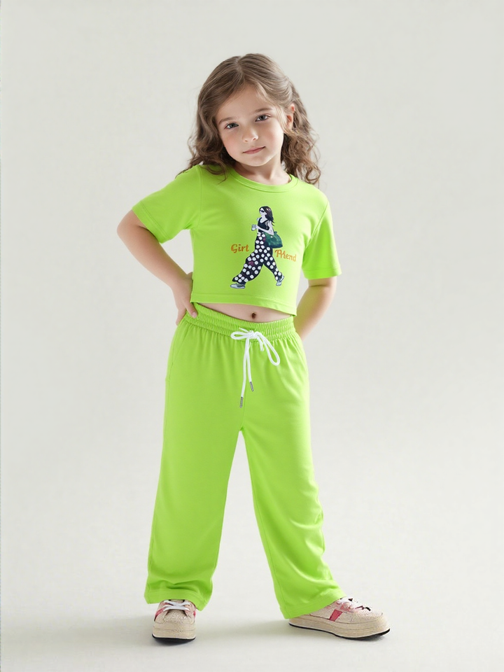 Girl's Neon Green Pearl Causal Co-Ord  Set [GCS-7744](4-12 Years)