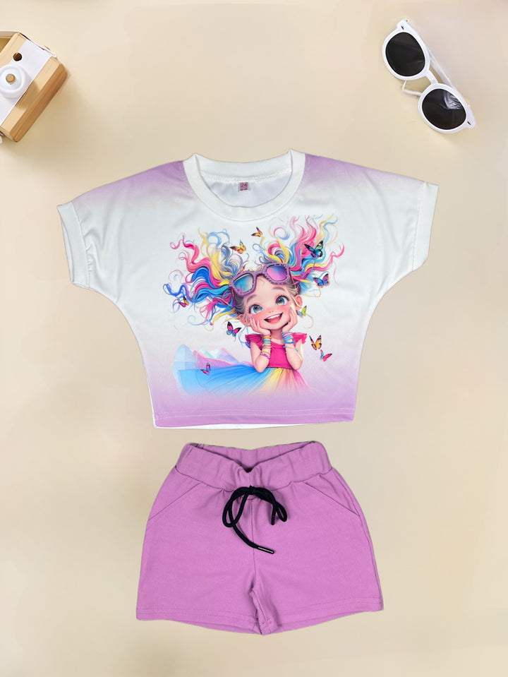 Girl's Onion Pink Cartoon Printed Co-Ord Set [GCS-7724] (1-12 Years)