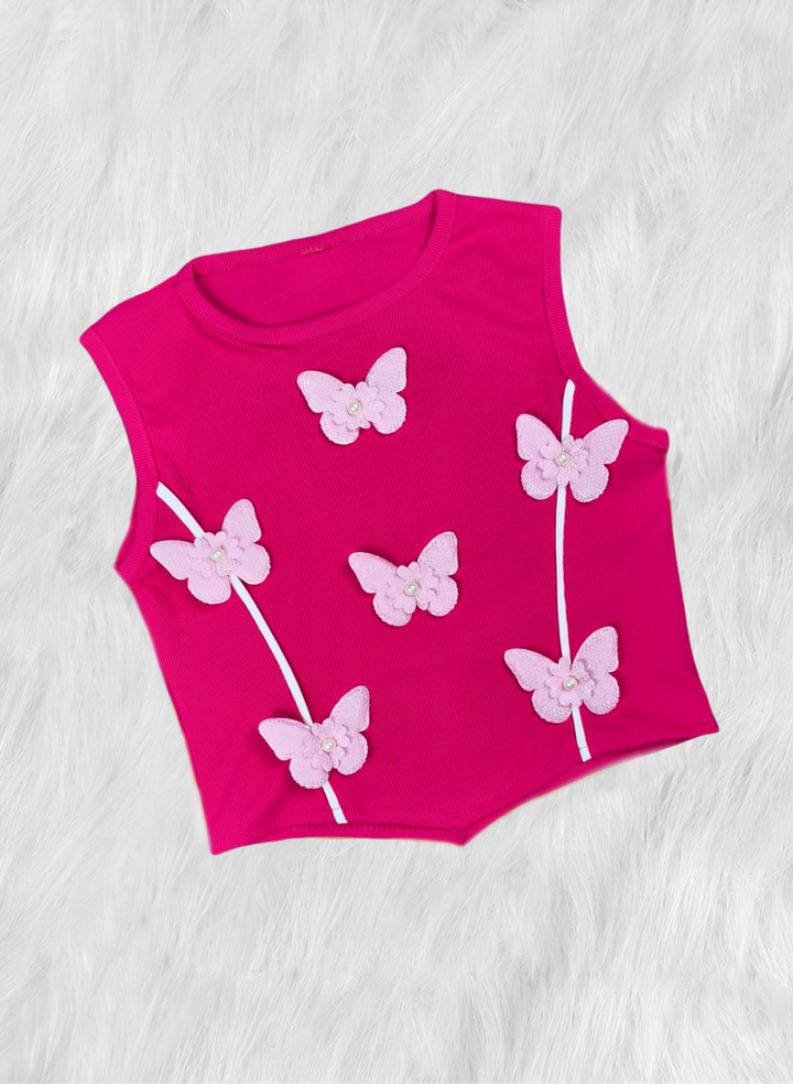 Girls Hot Pink Butterfly Tank Top  [GT-489] [4-12 year]