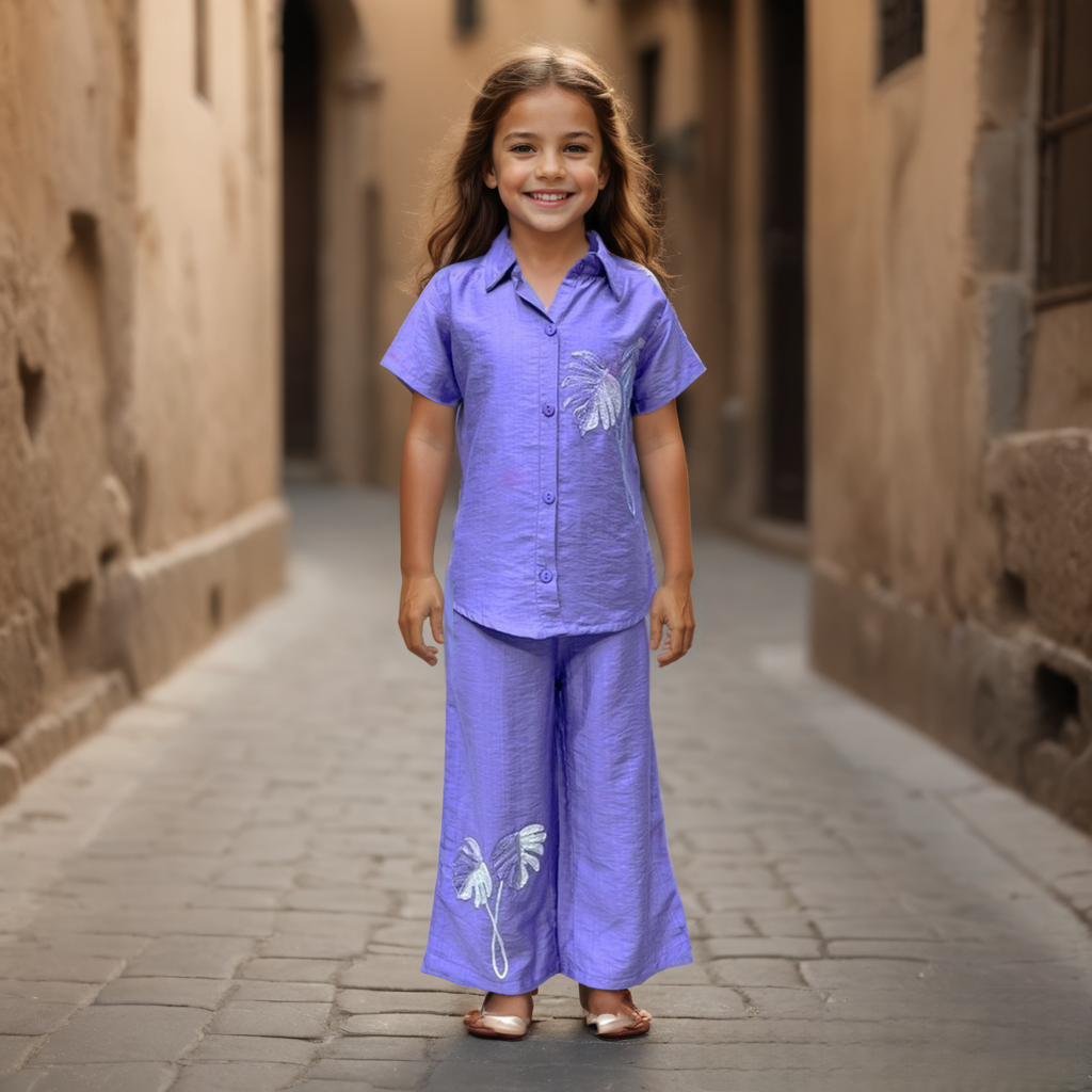 Girl's Purple Cotton Co-Ord Set [GCS-7634] (4-12 Years)