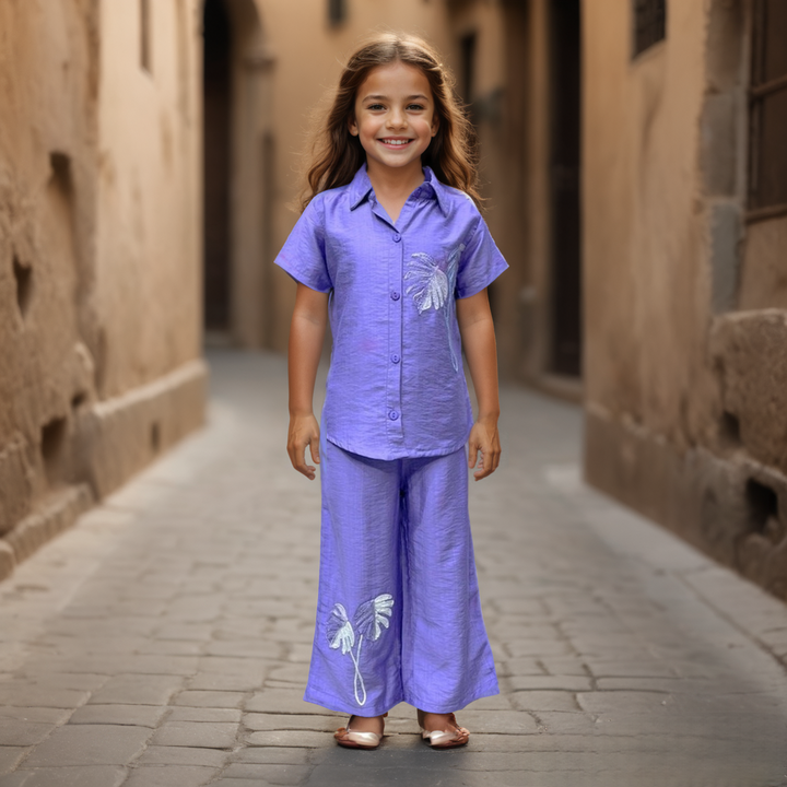 Girl's Purple Cotton Co-Ord Set [GCS-7634] (4-12 Years)