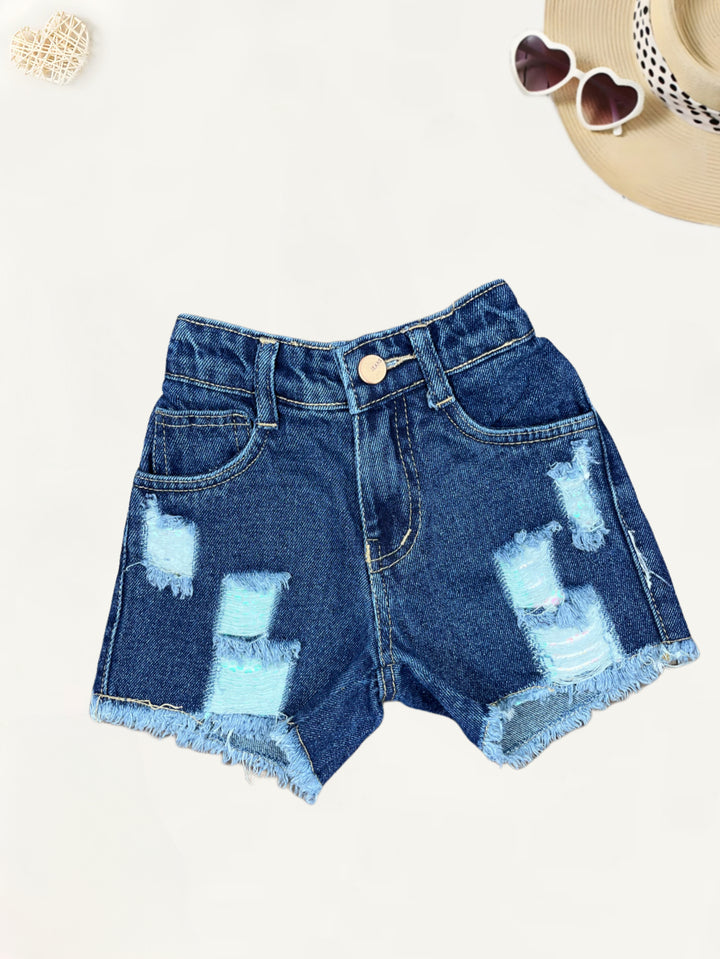Girls Distress Blue Denim Shorts[GS-988] [4-12Years]