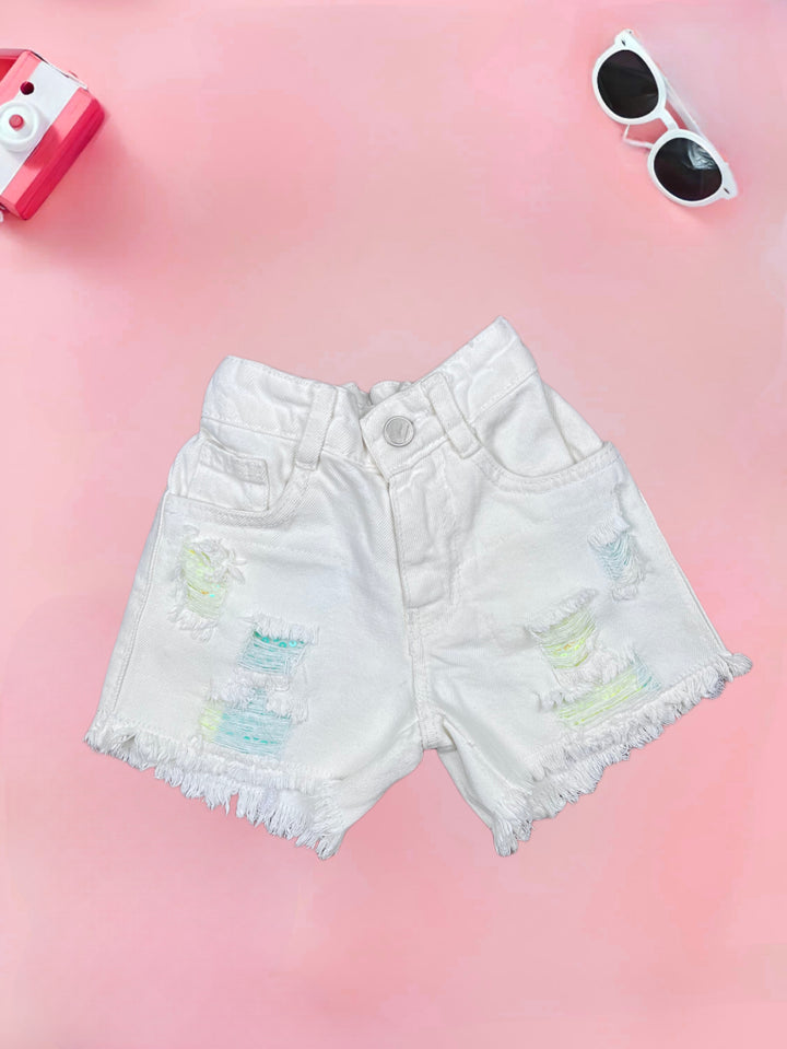 Girls Distress White Denim Shorts[GS-850] [4-12Years]