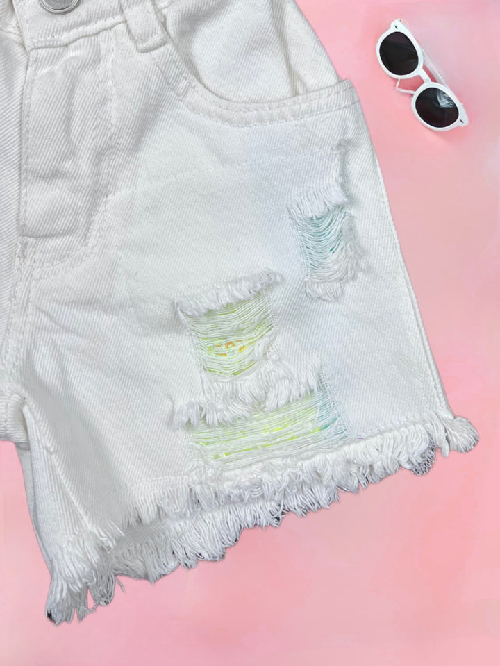 Girls Distress White Denim Shorts[GS-850] [4-12Years]