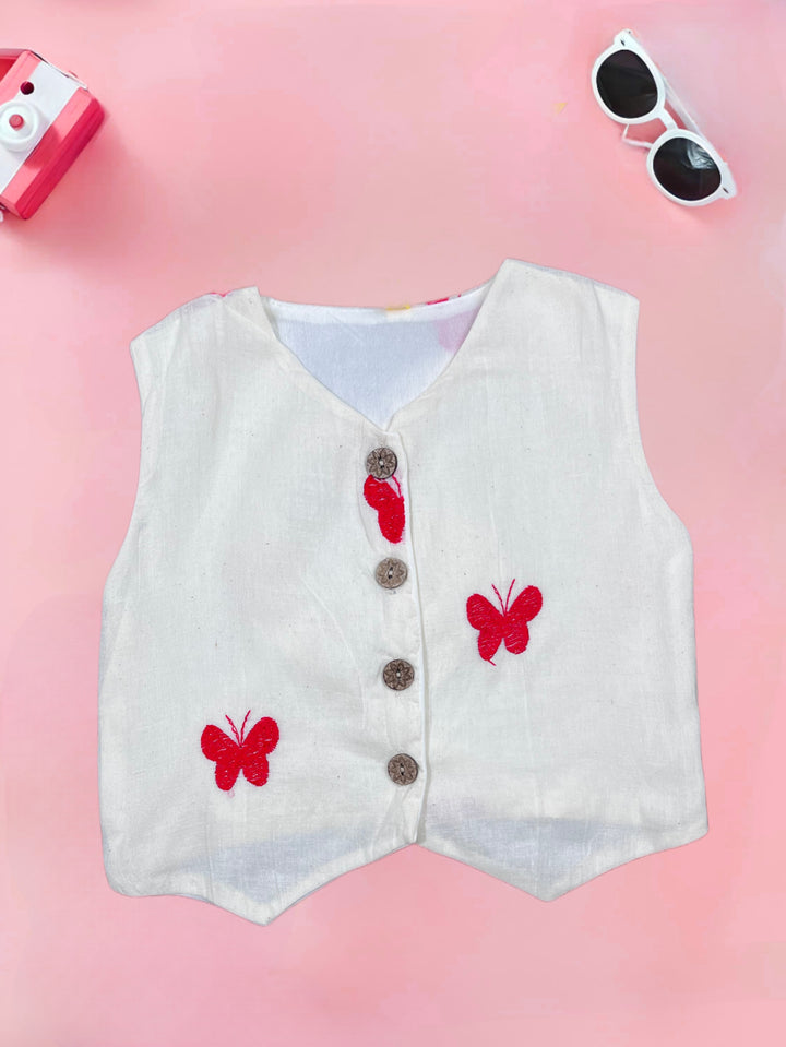 Girl's Red Embroidered Khadi Cotton Co-Ord Set [GCS-7522] (1-12 Years)