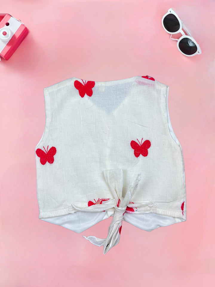Girl's Red Embroidered Khadi Cotton Co-Ord Set [GCS-7522] (1-12 Years)