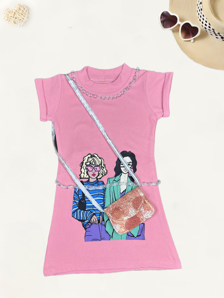 Girls Casual Peach One-piece With Purse  [GD-7490] (4-12 Years)