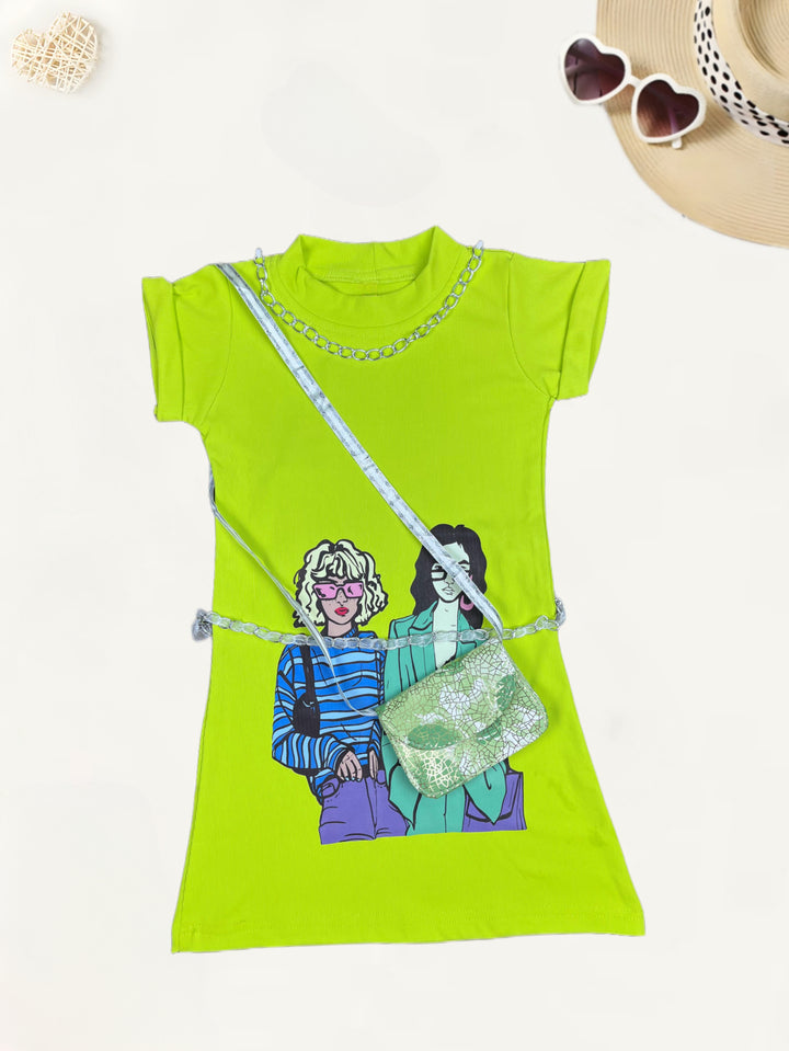 Girls Casual Neon Green One-piece With Purse  [GD-7492] (4-12 Years)