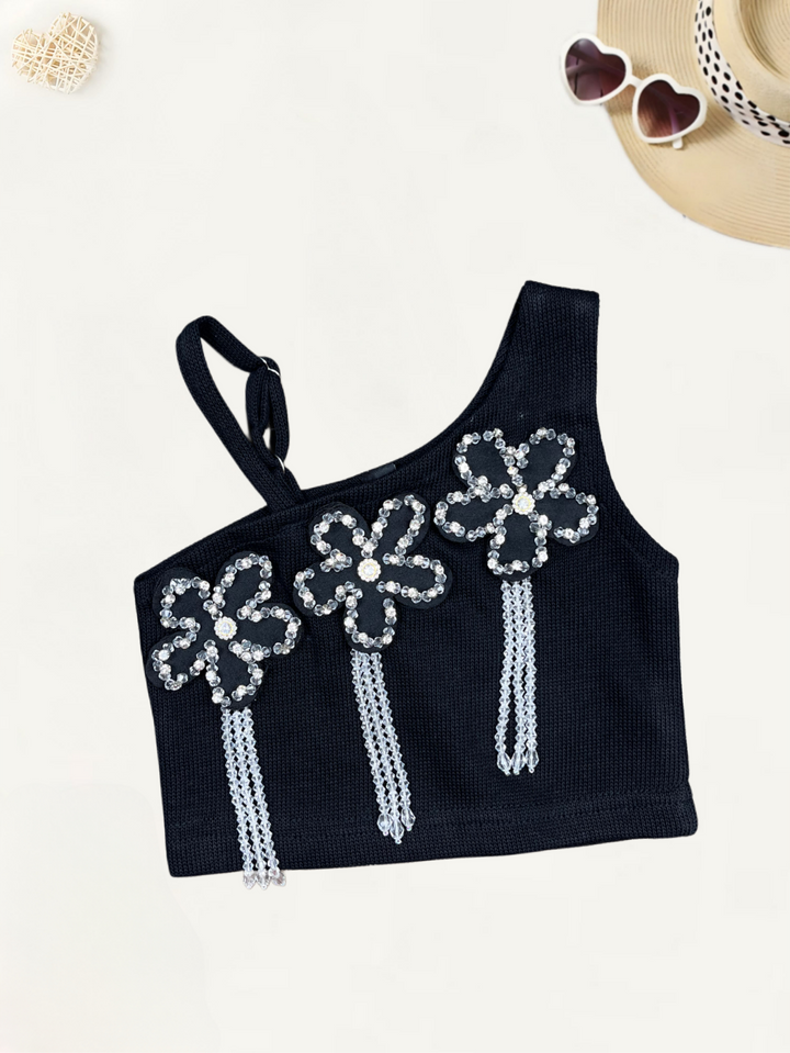 Girls Imported Black Flower top[GT-731] [1-8 Year]