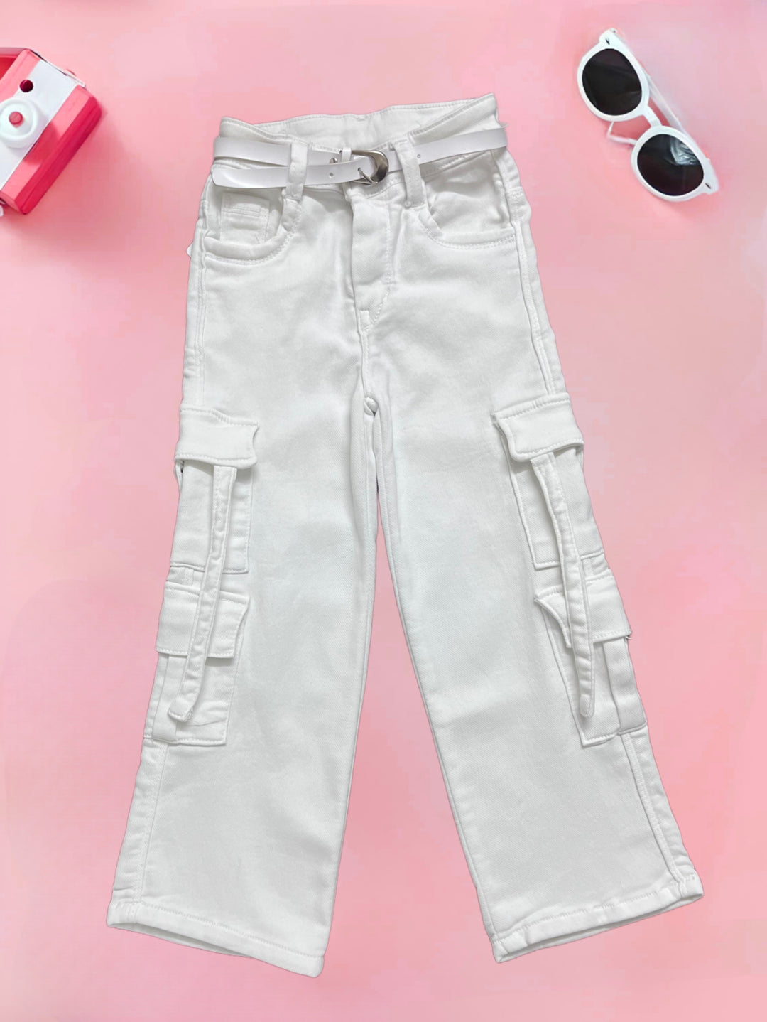 Girls White Cargo Pocket Jeans [GJ-934] (4-12Years)