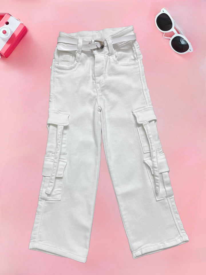 Girls White Cargo Pocket Jeans [GJ-934] (4-12Years)