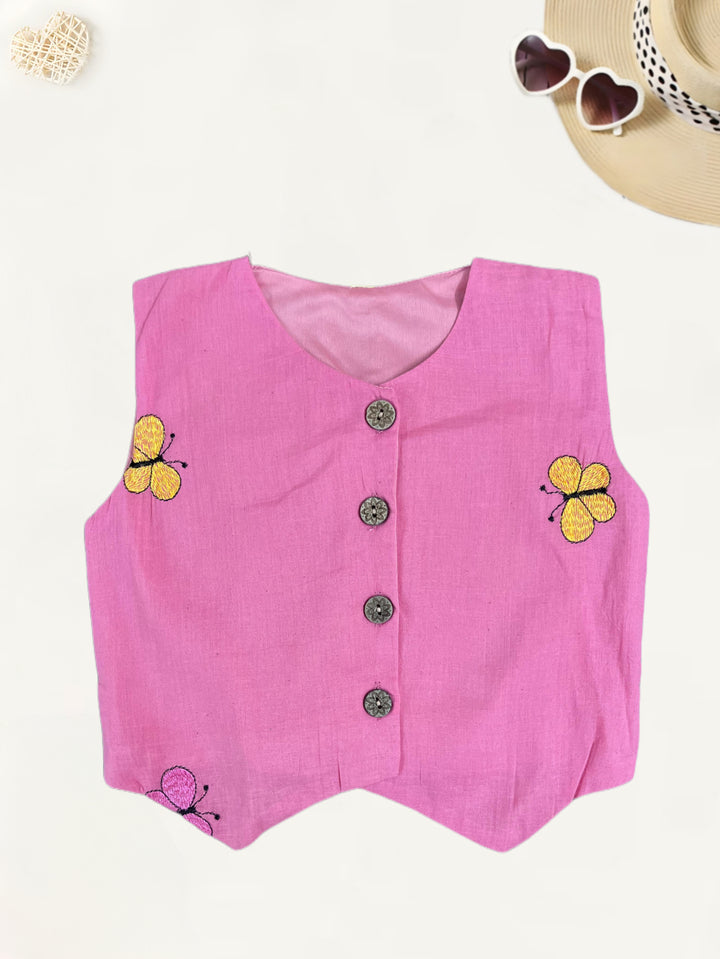 Girl's Peach Embroidered Khadi Cotton Co-Ord Set [GCS-7306] (4-12 Years)