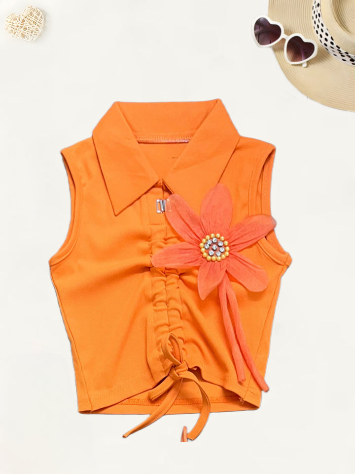 Girl's Causal Orange Flower Co-Ord  Set [GCS-7297](4-12 Years)