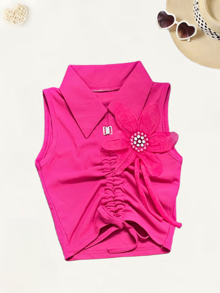Girl's Causal Hot Pink Flower Co-Ord  Set [GCS-7296](4-12 Years)